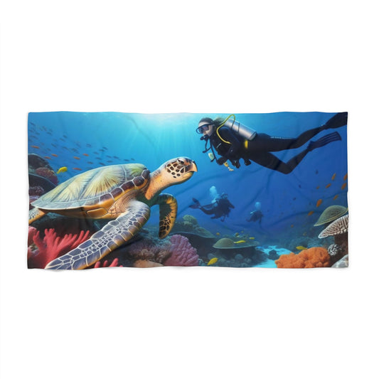 Sea turtle and diver Beach Towel